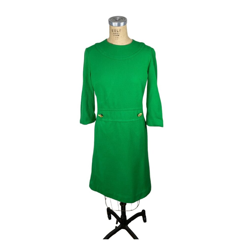 1960s green wool crepe dress with big gold buttons Size M by Nat Kaplan
